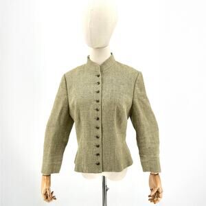 Ralph Lauren Green Herringbone Silk Linen Tweed Tailored Band Collar Jacket